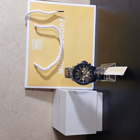 Michael Kors Black and Gold Chronograph MK Initials Womens Watch - Picture 9 of 9